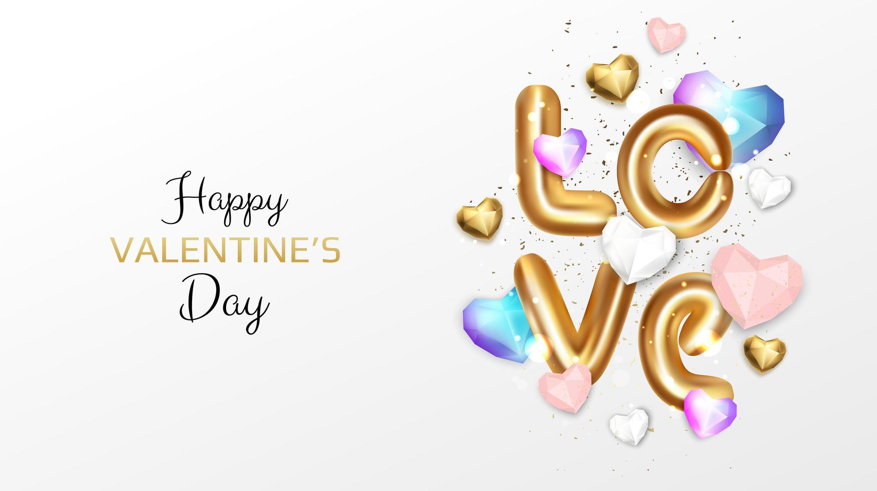 Valentines Day. Romantic Background Realistic 3d festive decorative objects, heart shaped balloons, glitter gold confetti. Holiday web banner vector