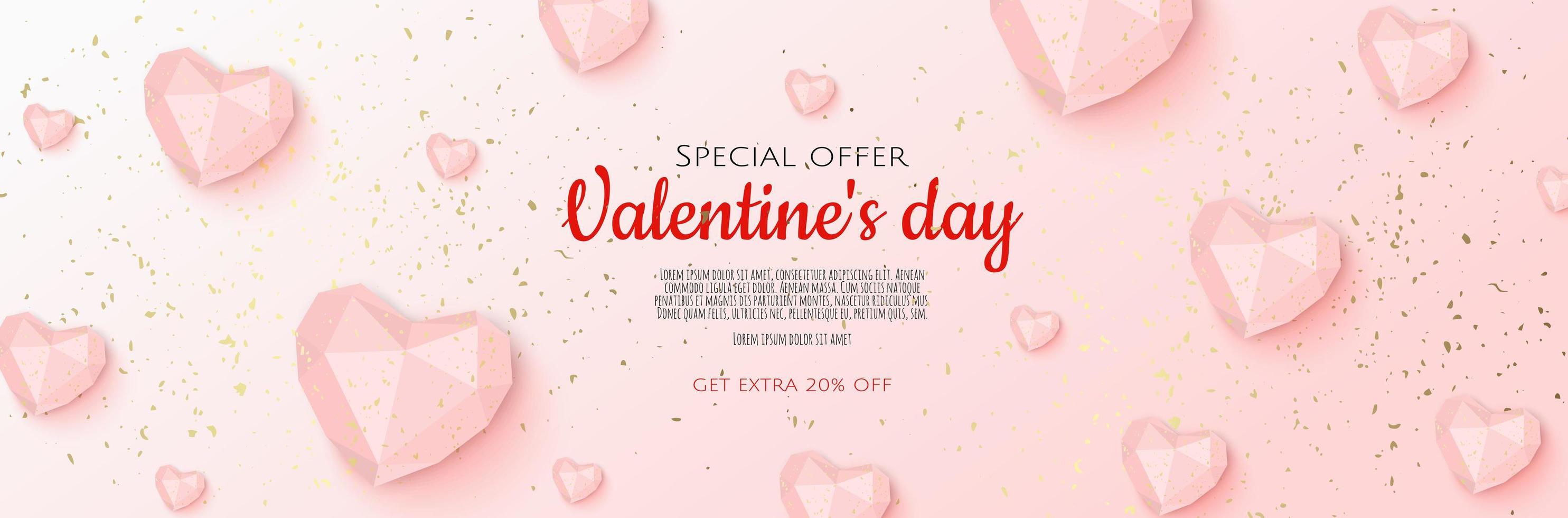 Happy Valentine s Day Romantic creative banner, horizontal header for website. Background Realistic 3d heart. vector