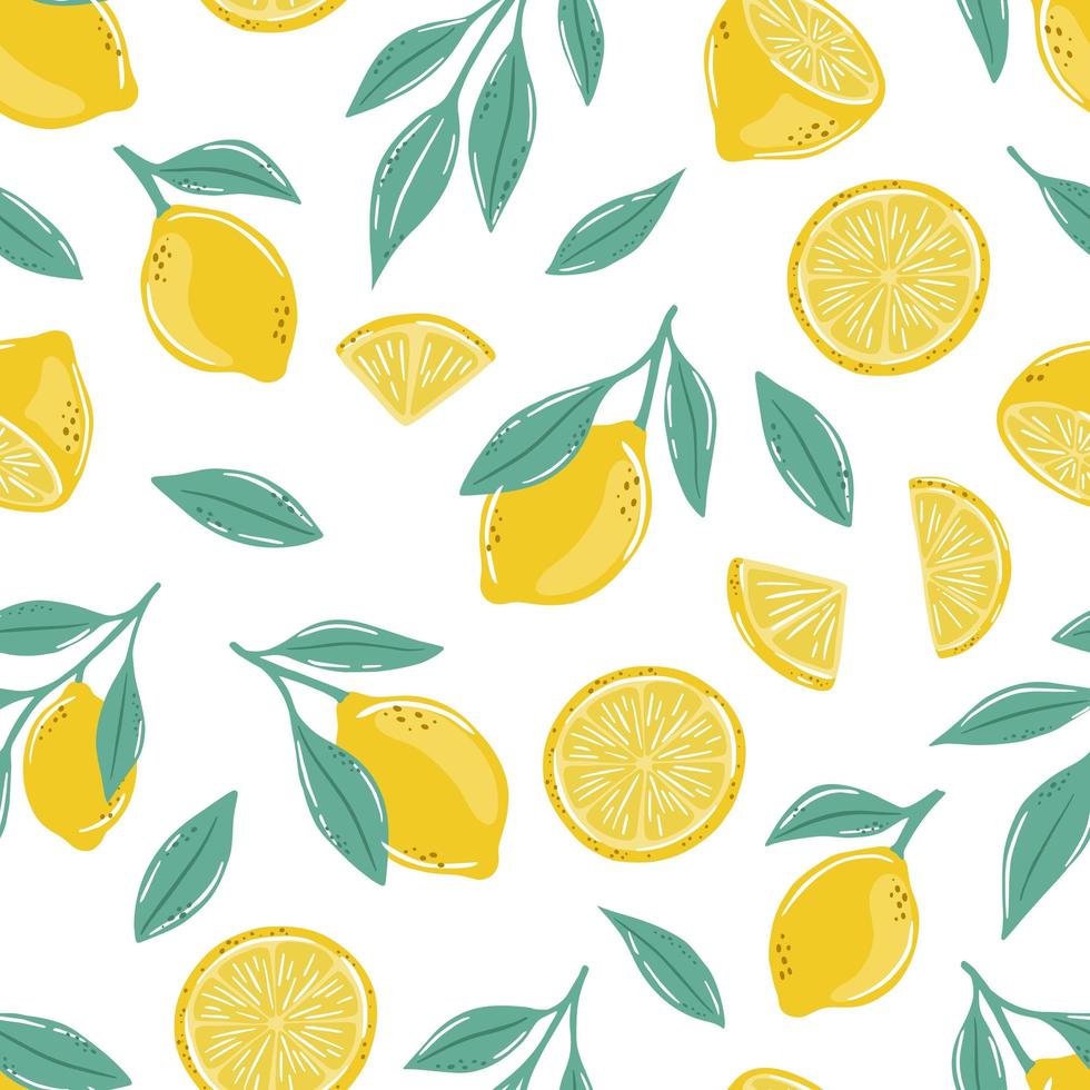 Seamless summer pattern with lemons and leaves. vector