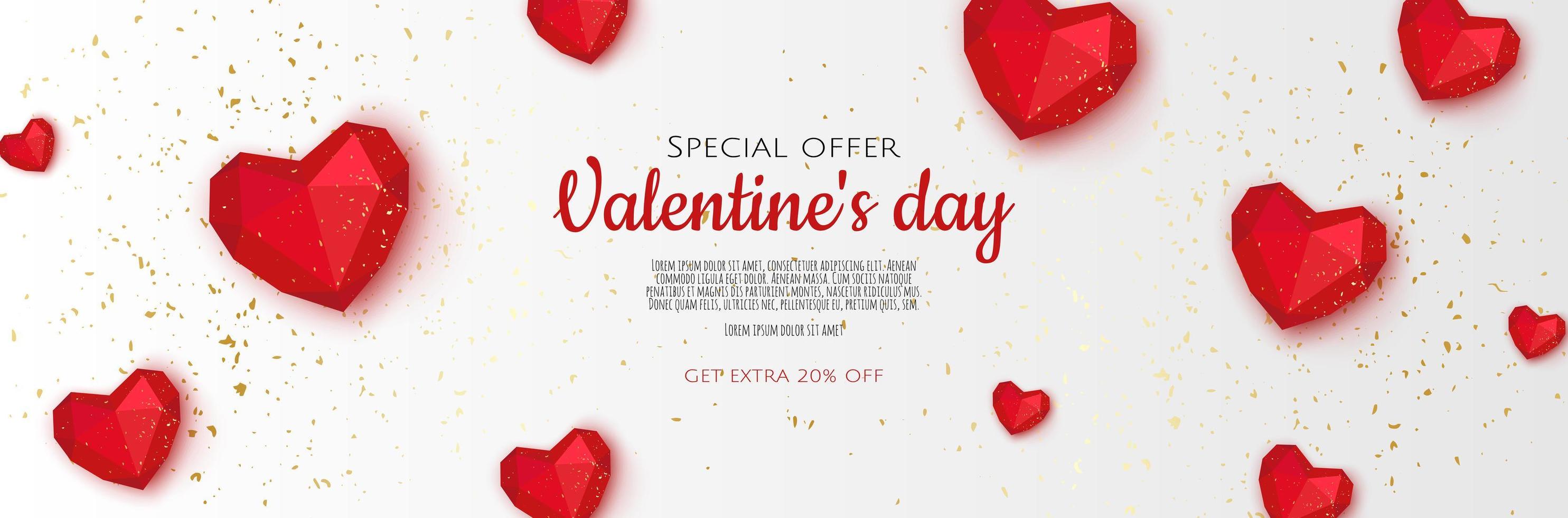 Happy Valentine s Day Romantic creative banner, horizontal header for website. Background Realistic 3d heart. vector