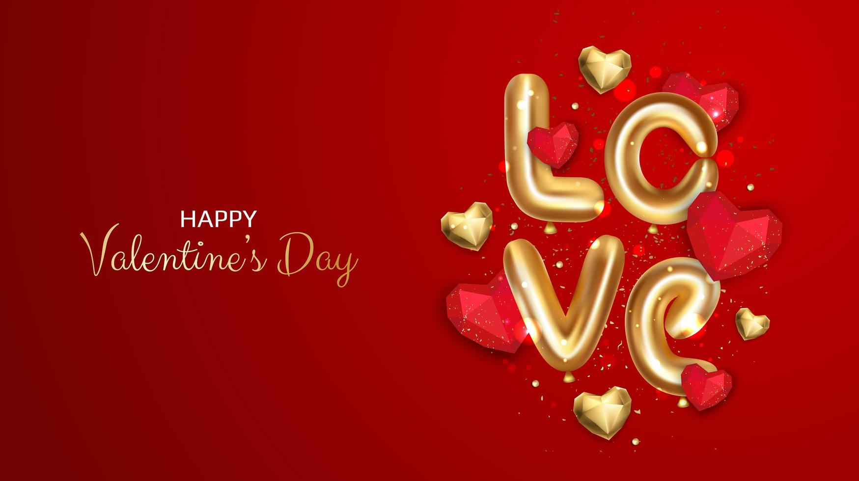 Valentines Day. Romantic Background Realistic 3d festive decorative objects, heart shaped balloons, glitter gold confetti. Holiday web banner vector