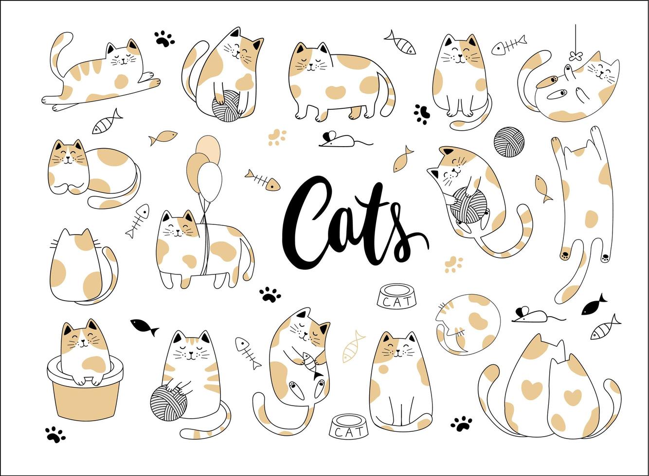 Draw vector illustration character collection cute cat. Doodle cartoon style.