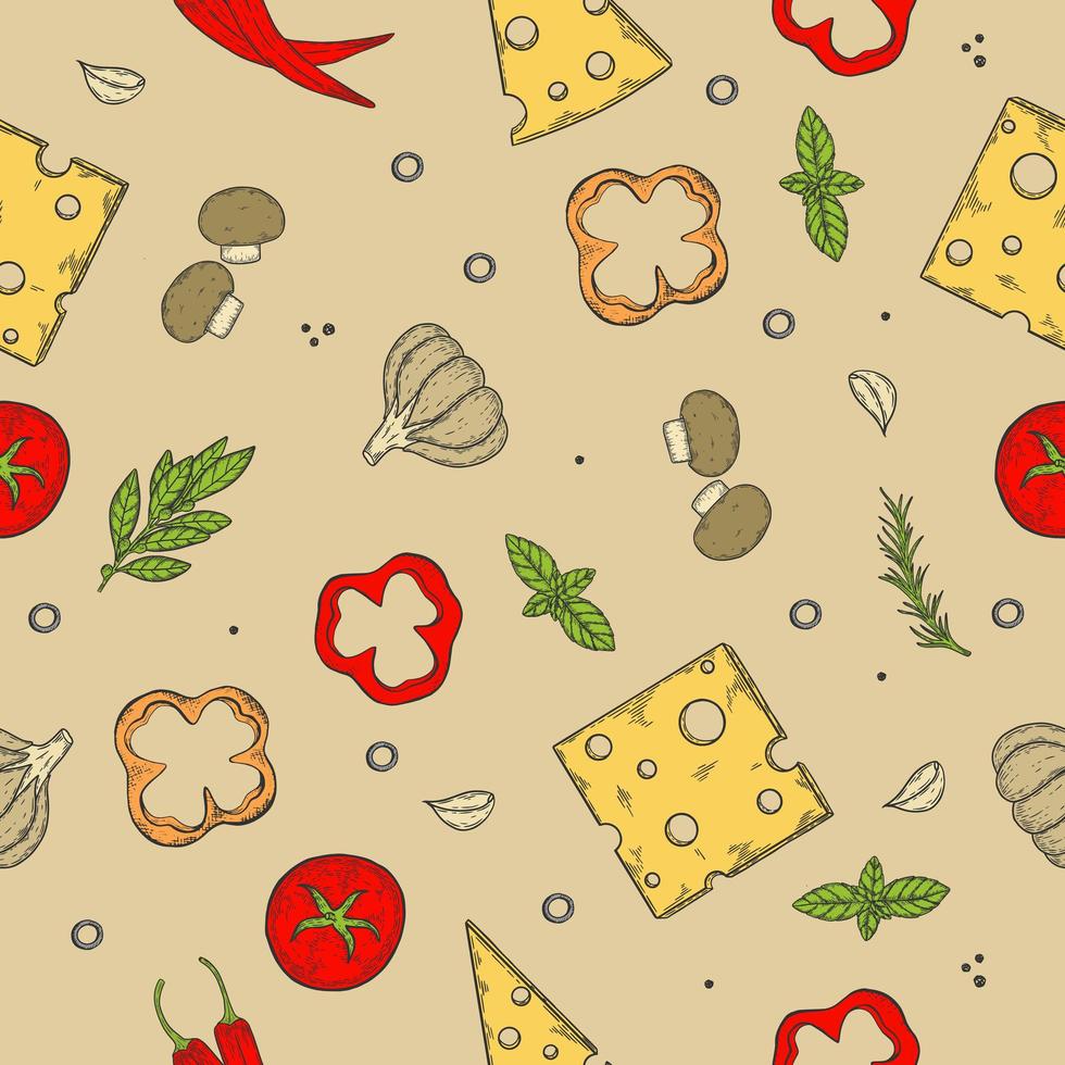 textura perfecta imagen de color vectorial de una pizza. rebanadas con varios ingredientes. vector