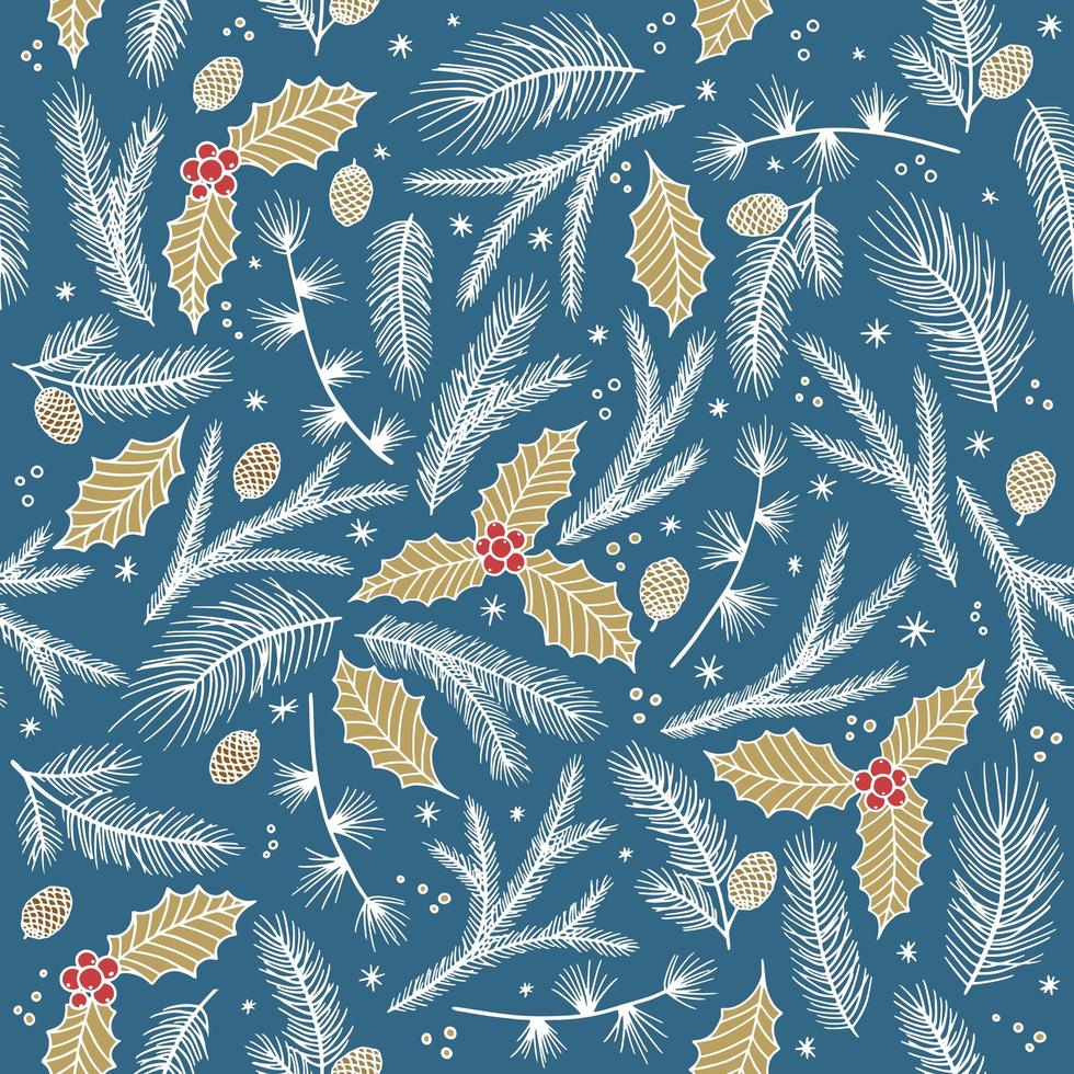 Christmas seamless pattern. Pine twigs, red berries, snowflakes. Season greeting digital paper. Winter Xmas holidays vector