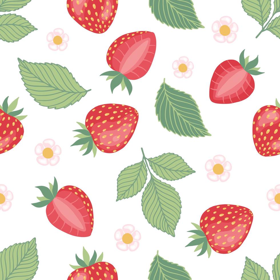 Cartoon bright strawberries seamless pattern. Vector background of fresh farm organic berry used for magazine, book,card, menu cover, web pages.