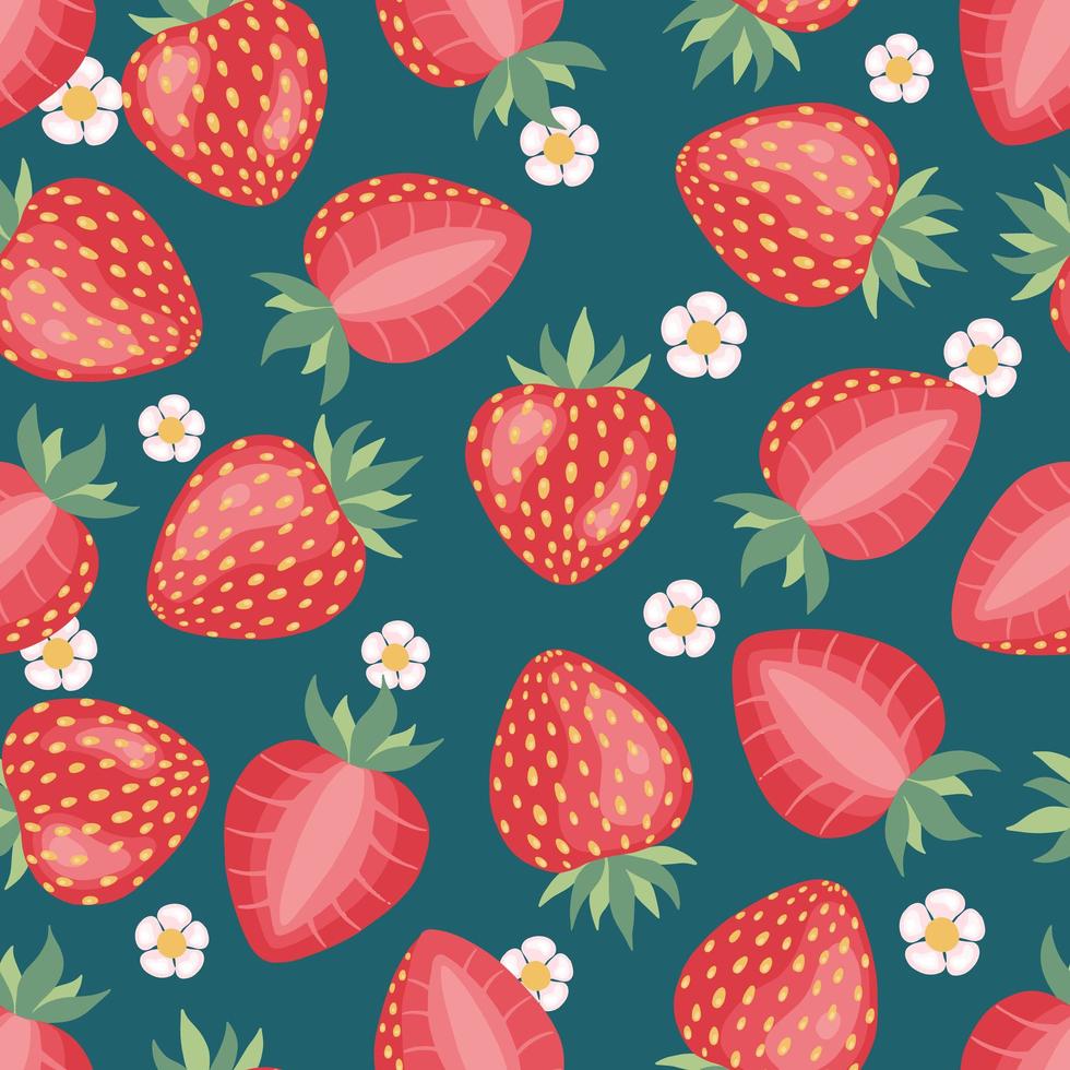 Strawberries pattern, colorful seamless vector pattern with hand drawn summer berries, pink and red fruit, good as fabric print, colored cartoon illustrations