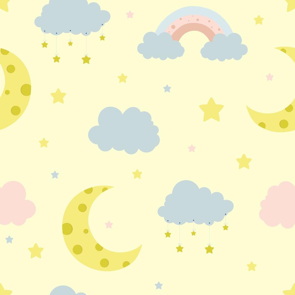 Seamless children pattern with clouds, moon and stars. Creative kids texture for fabric, wrapping, textile vector