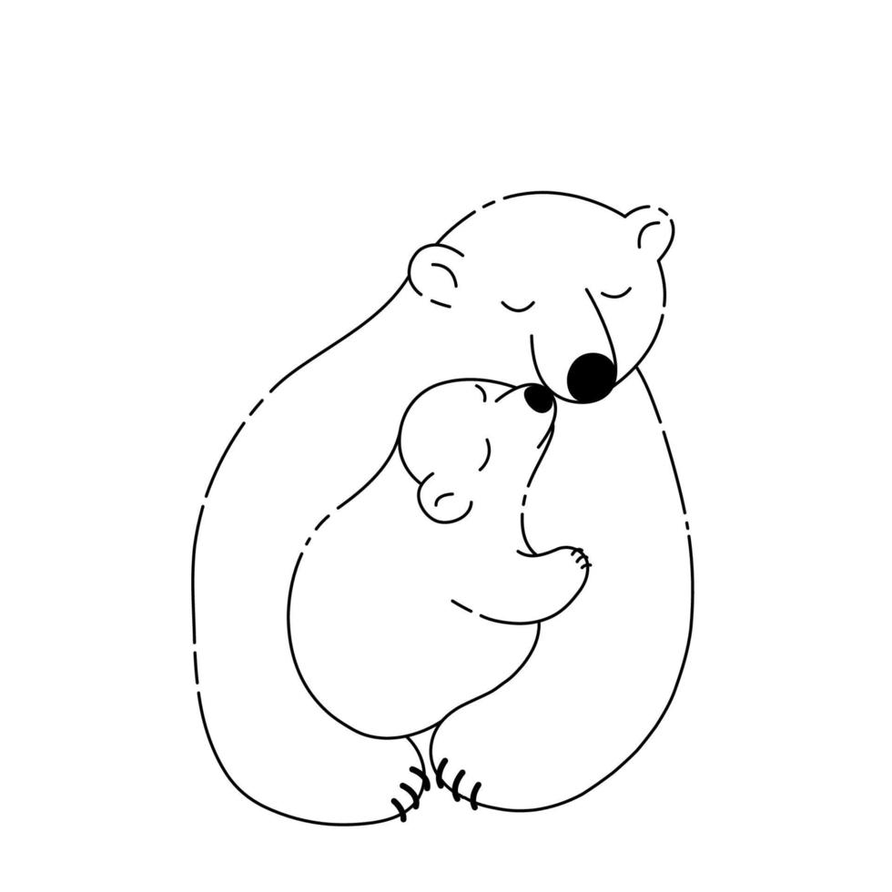 oso polar dibujado a mano abraza a un osito, contorno negro discontinuo, contorno vectorial aislado en fondo blanco vector