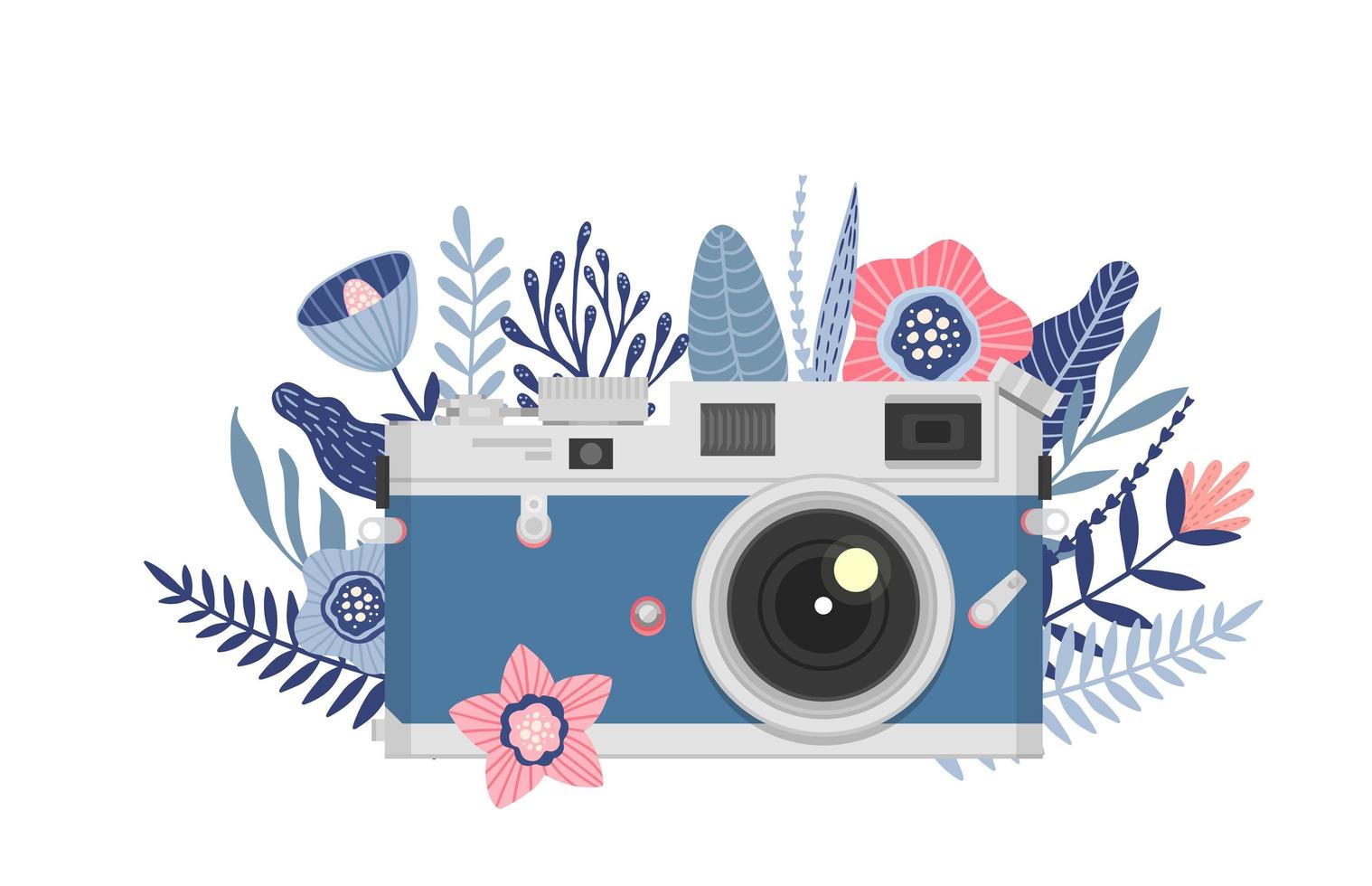 Camera with flowers, Floral Camera logo design, vector illustration, Vintage retro camera icon.