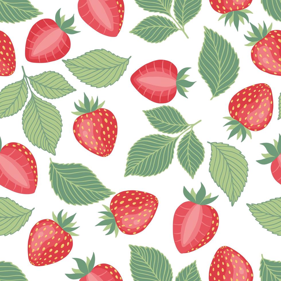 patrón de fresas, colorido patrón vectorial sin fisuras con bayas de verano dibujadas a mano, fruta rosa y roja, bueno como estampado de tela, ilustraciones de dibujos animados de colores vector
