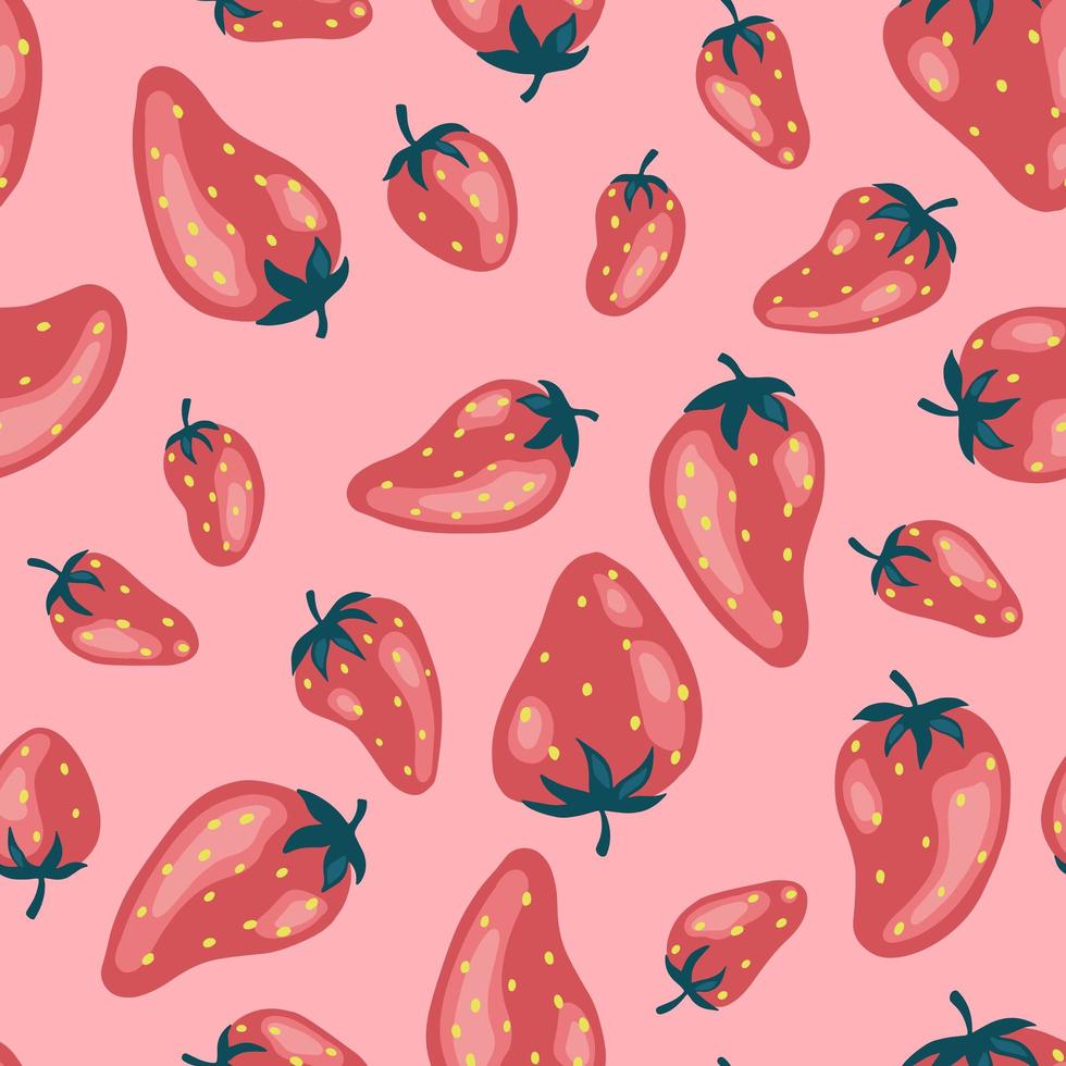 patrón sin costuras de fresas brillantes de dibujos animados. fondo vectorial de baya orgánica de granja fresca utilizada para revista, libro, tarjeta, portada de menú, páginas web. vector