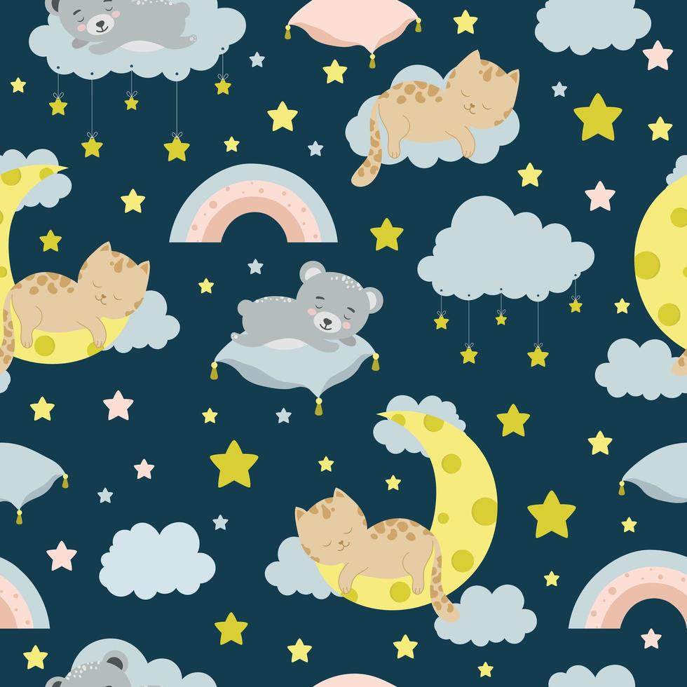 Seamless children pattern with cat, bear, lion, clouds, moon and stars. Creative kids texture for fabric, wrapping, textile, wallpaper, apparel vector