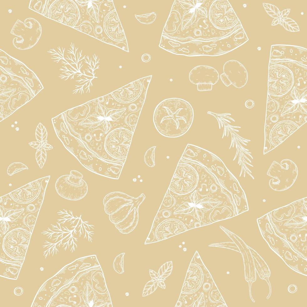 patrón transparente de vector dibujado a mano con pizza. estilo de boceto perfecto para folletos, tarjetas, carteles, impresiones, menús, folletos