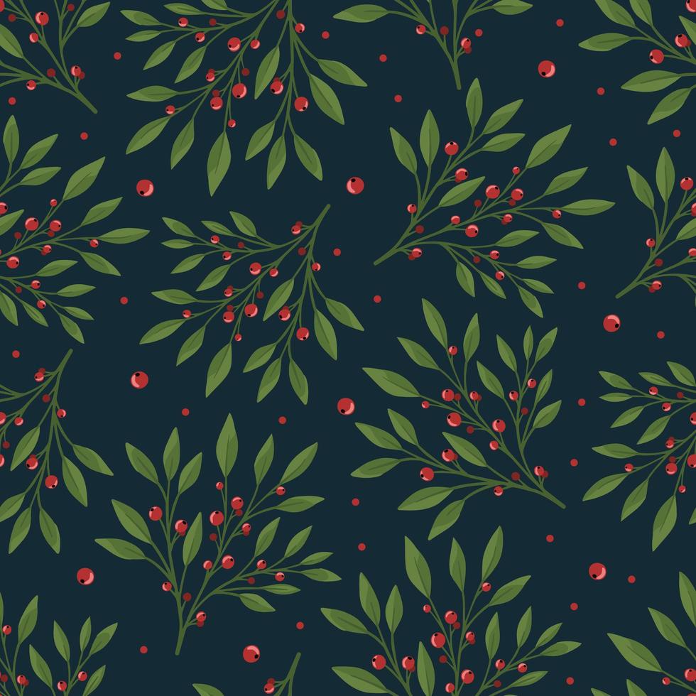 Seamless floral pattern with green leaves and red berries. Perfect for textile wallpaper posters. vector