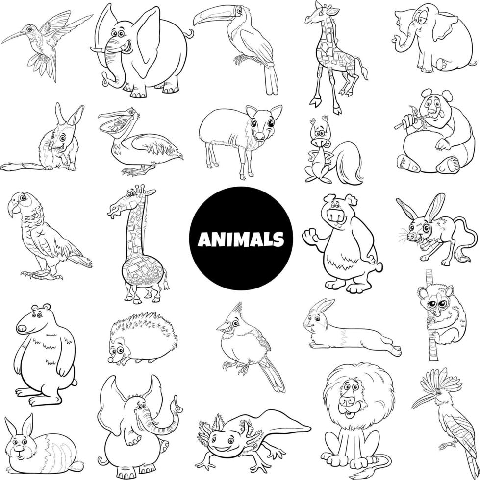 conjunto grande de personajes de especies de animales salvajes de dibujos animados en blanco y negro vector