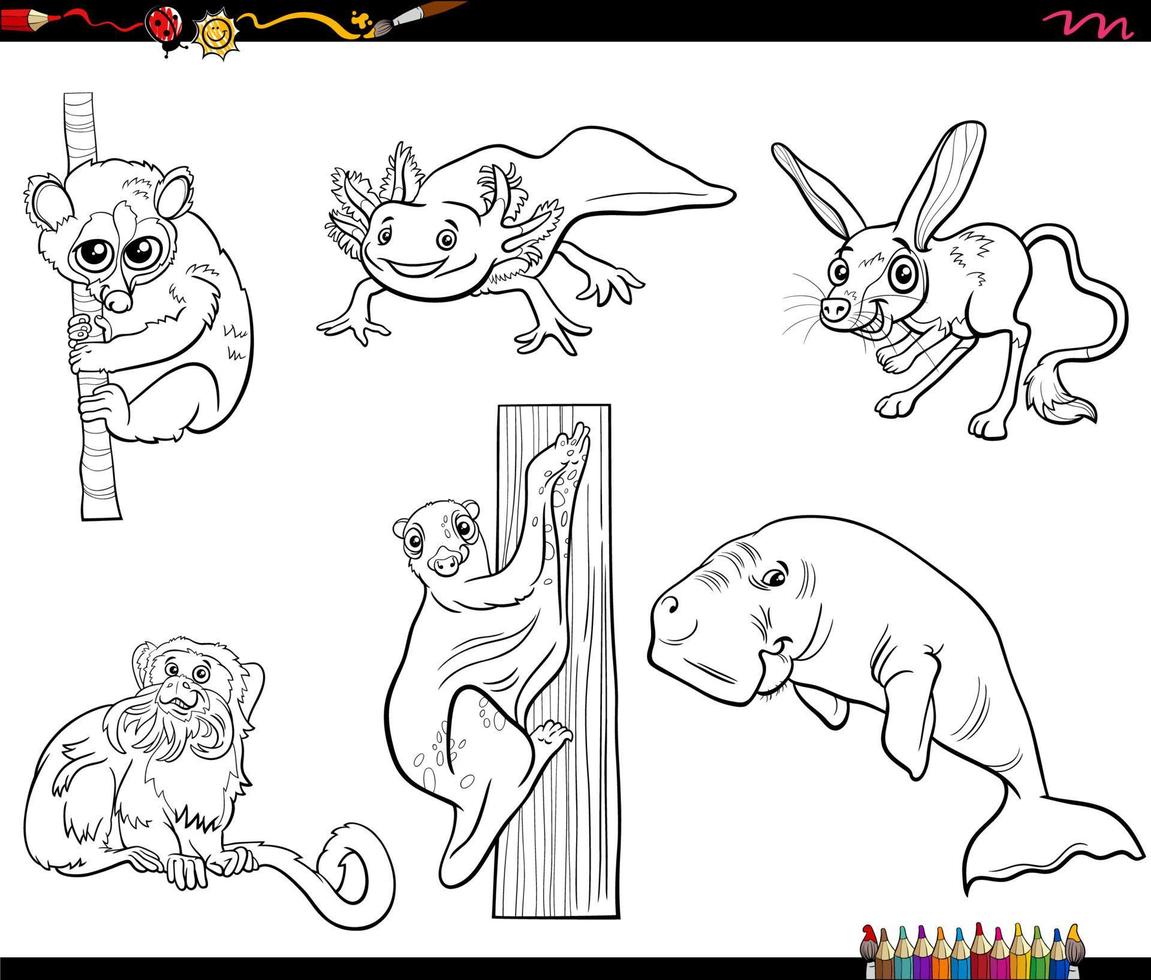 divertidos personajes de dibujos animados animales conjunto página de libro para colorear vector