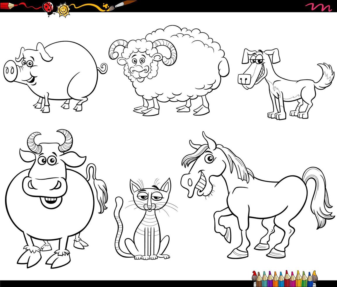 cartoon funny farm animals characters set coloring book page vector