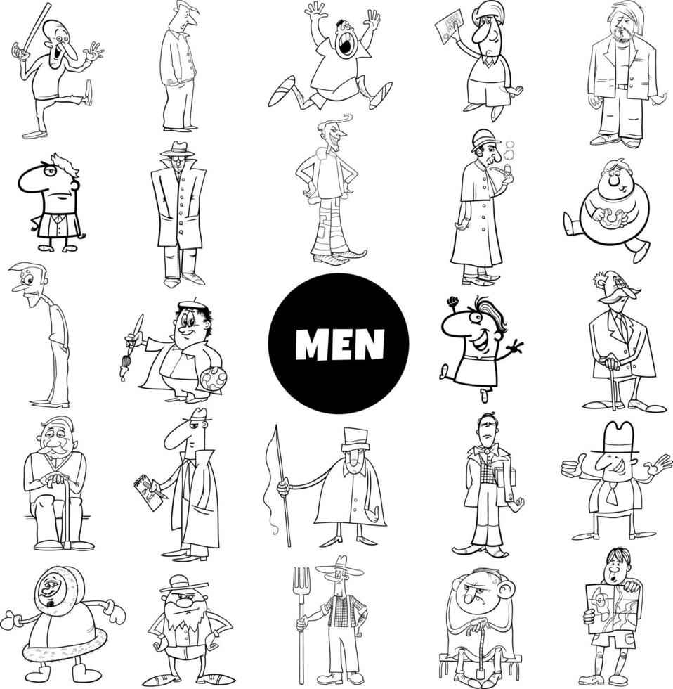 Black and white cartoon men comic characters big set vector