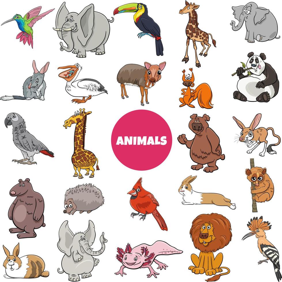 cartoon wild animal species characters big set vector