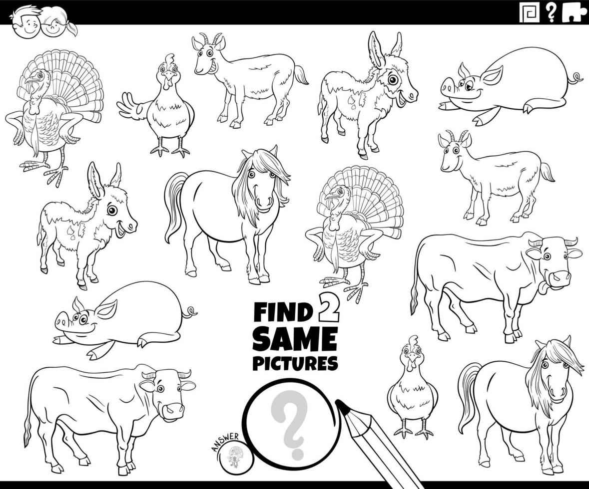 encontrar dos mismos animales de granja de dibujos animados tarea para colorear página del libro vector