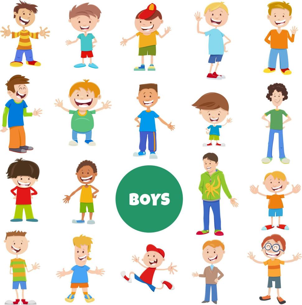 cartoon elementary age and teen boys characters big set vector