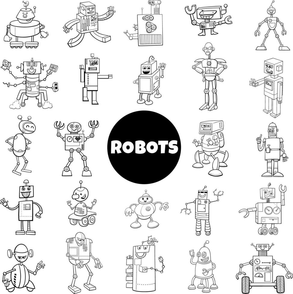 Conjunto grande de personajes de robots y androides de dibujos animados en blanco y negro vector