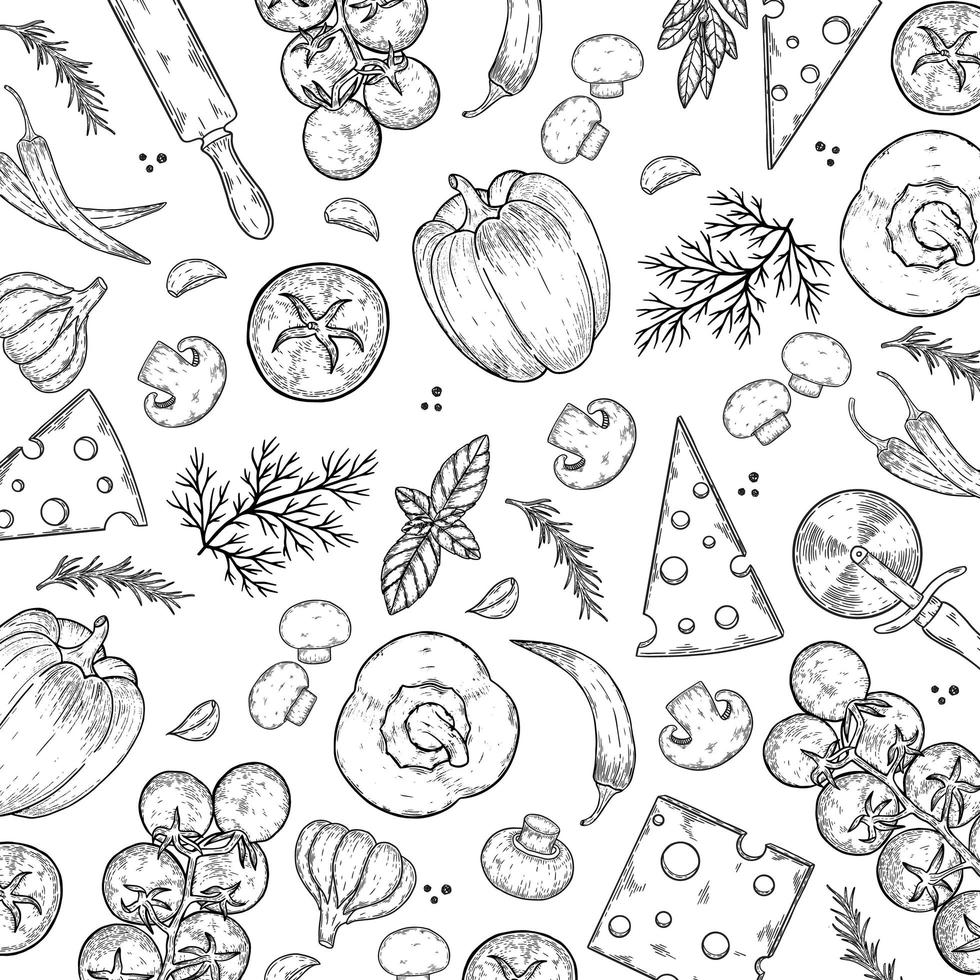 Vector background with cheese, tomato, pepper, thyme, basil, garlic, mushrooms, onion.