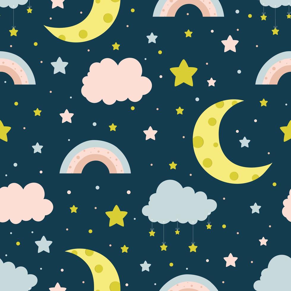 Seamless children pattern with clouds, moon and stars. vector