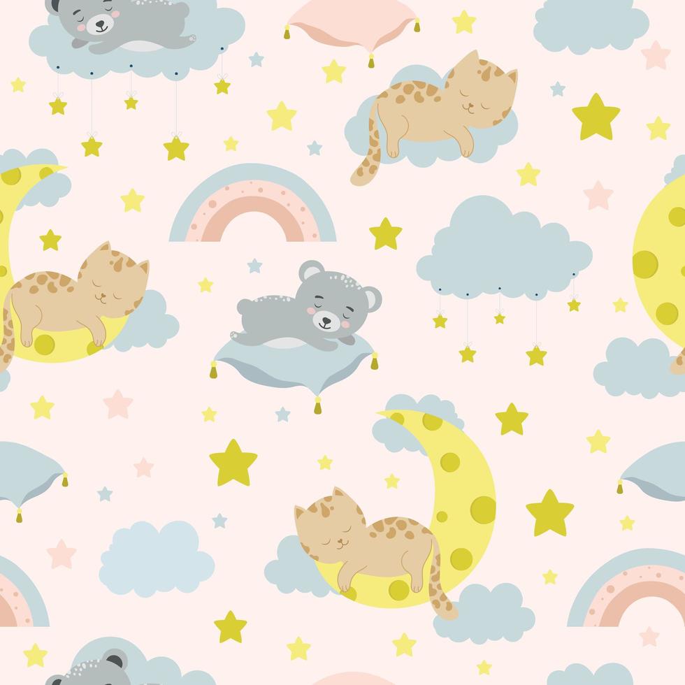 patrón infantil impecable con gato, oso, nubes, luna y estrellas. textura creativa para niños para tela, envoltura, textil, papel pintado, ropa vector