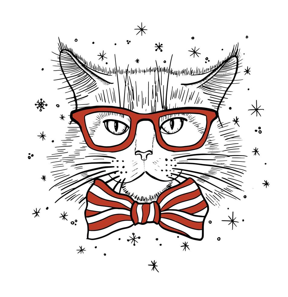 Hand drawn portrait of Cat in glasses with bow tie. Vector illustration isolated on white