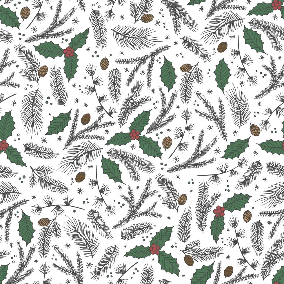 Christmas seamless pattern, white background. Pine twigs, red berries, snowflakes. vector