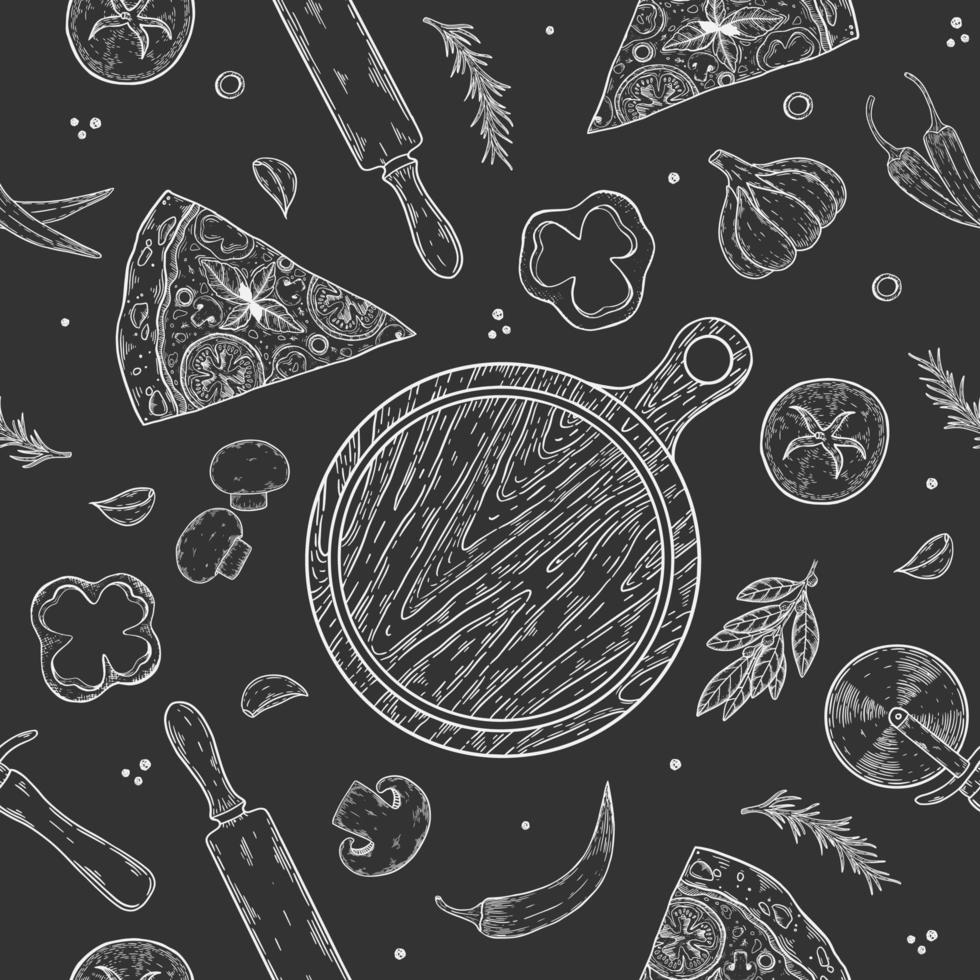 Seamless texture. Vector color image of a pizza. Slices with various ingredients.