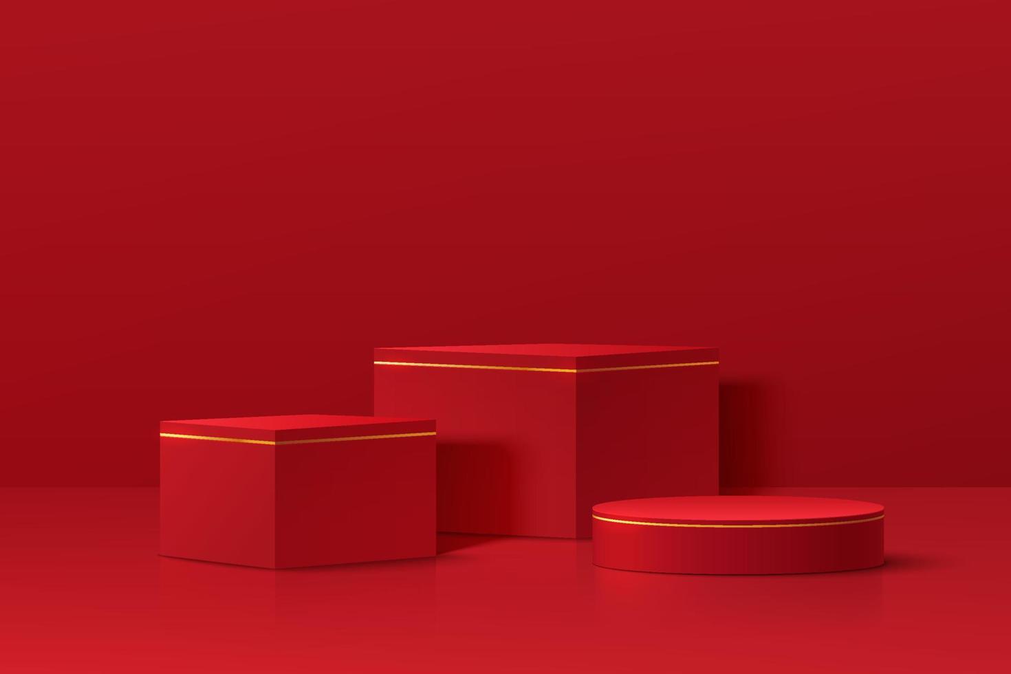 Realistic dark red and gold 3D geometric pedestal podium set in abstract red room. Minimal scene for products showcase, Promotion display. Vector platform design. Happy lantern day concept.