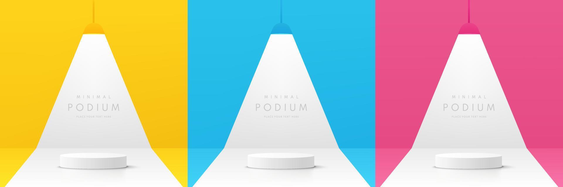 Set of light pink, yellow, blue and white realistic 3d cylinder pedestal podium in pastel abstract room. Vector geometric platform design. Minimal wall scene for products showcase, Promotion display.