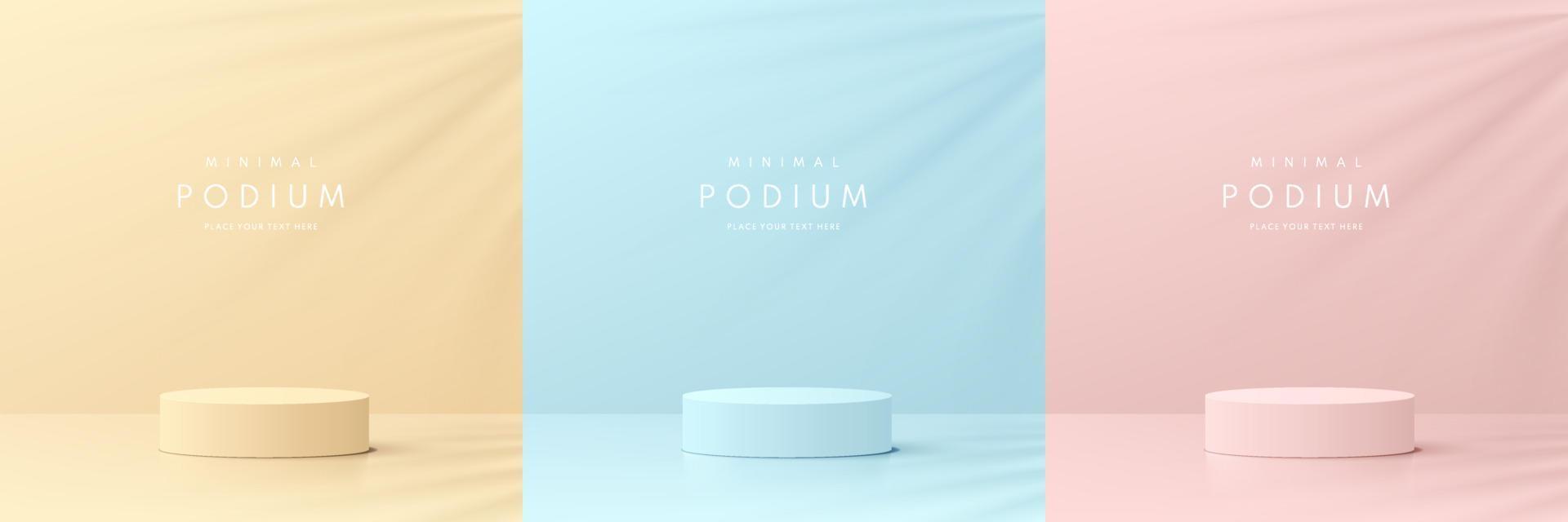 Set of pink, yellow and blue realistic 3d cylinder pedestal podium with leaf shadow overlay. Vector abstract room geometric platform. Minimal wall scene for products showcase, Promotion display.