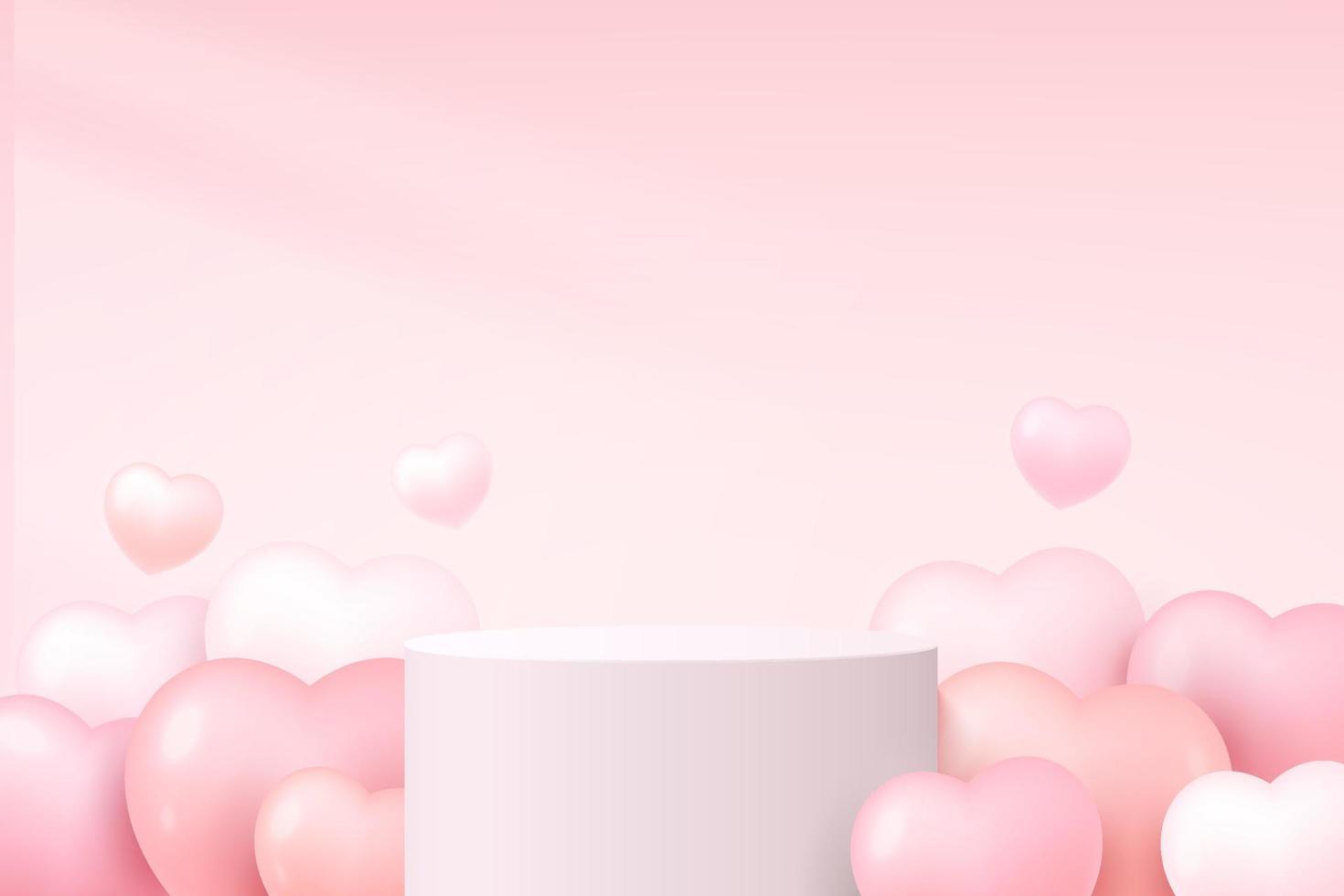 Realistic white 3D cylinder stand or podium with light pink balloons heart shape. Pastel minimal scene for products showcase, Valentine day promotion display. Abstract studio room platform design. vector