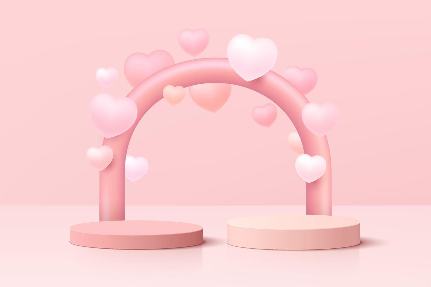 conjunto de podio de pedestal de cilindro 3d rosa realista con globos flotantes en forma de corazón. escena mínima de pastel de san valentín para exhibición de productos, exhibición de promoción. diseño de plataforma de sala de estudio abstracto de vector