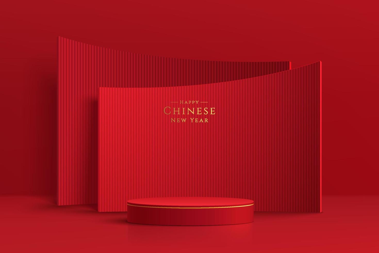 Realistic dark red and gold 3D cylinder pedestal podium with red arch shape backdrop. Minimal scene for products showcase, Promotion display. Abstract studio room platform. Happy lantern day concept. vector