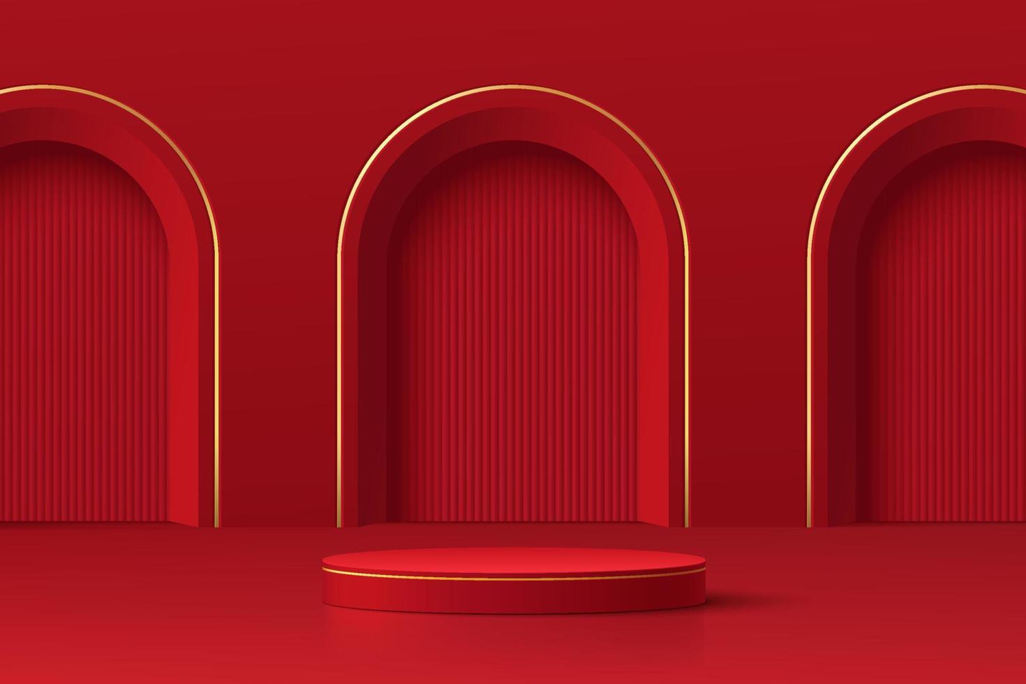 Realistic dark red and gold 3D cylinder pedestal podium with vertical texture in arch door. Minimal scene for products showcase, Promotion display. Abstract studio room platform. Happy lantern day. vector