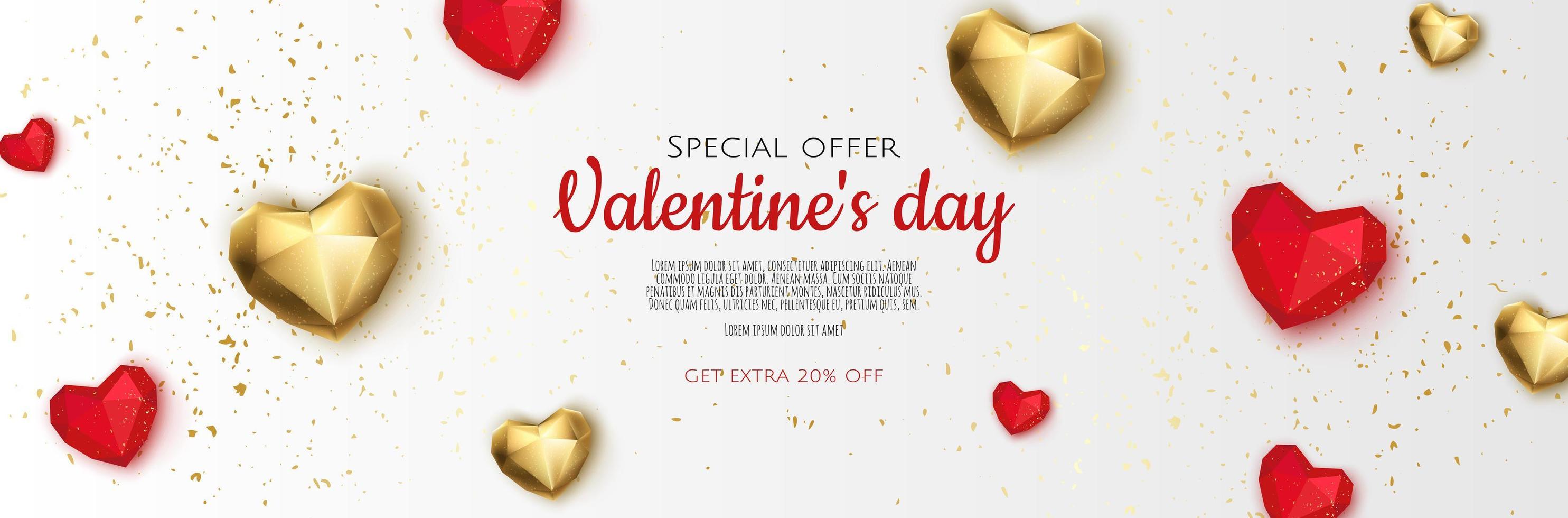 Happy Valentine s Day Romantic creative banner, horizontal header for website. Background Realistic 3d heart. vector