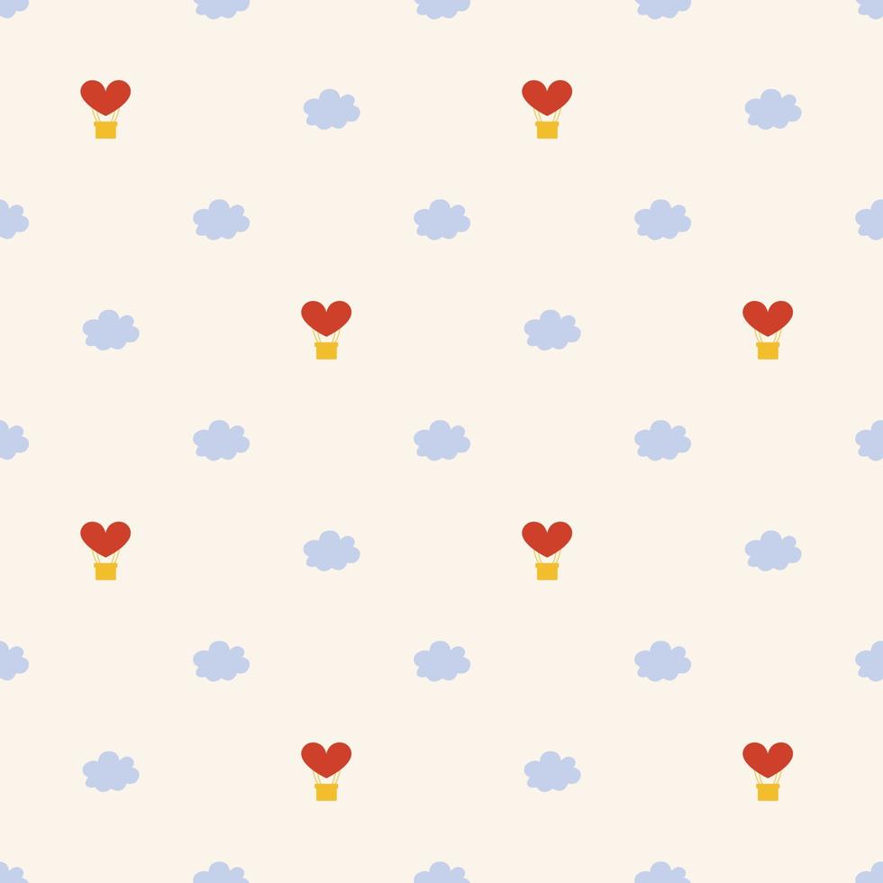 Love seamless pattern with cute heart shaped balloon and clouds vector