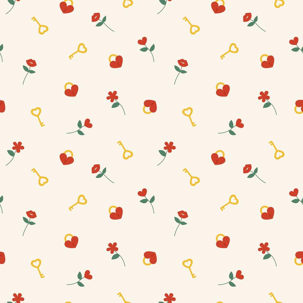 Vector seamless pattern with keys, locks and flowers in the shape of a heart