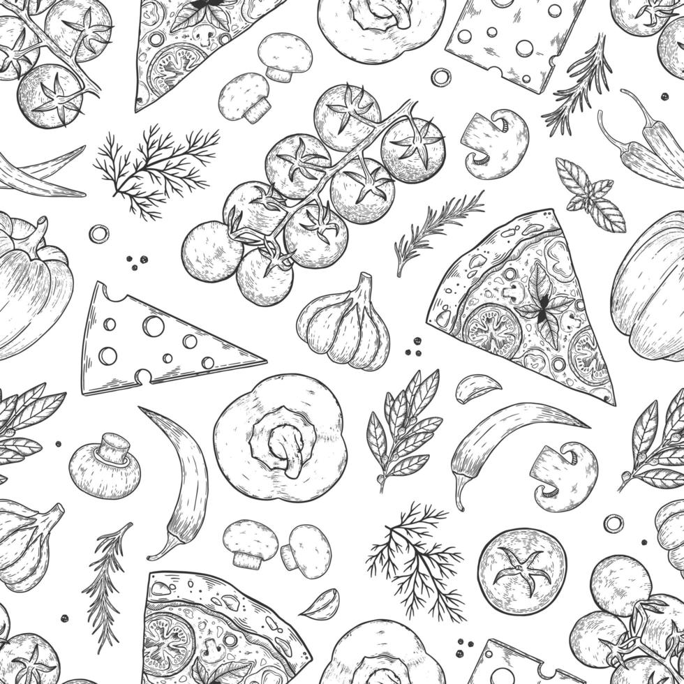 Seamless pattern. Pizza ingredients background. Tomato, garlic, basil, olive, pepper, mushroom vector