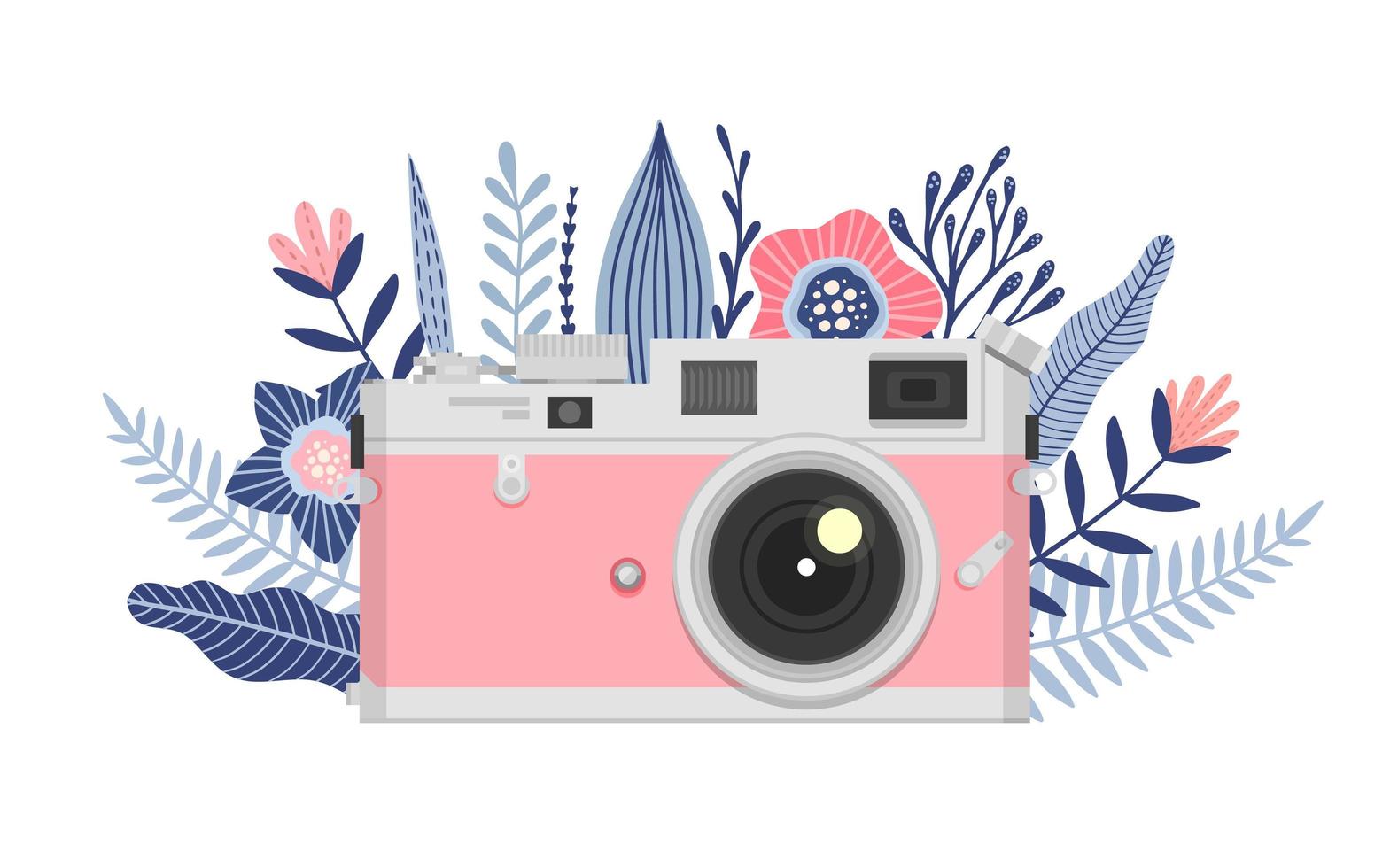 Camera with flowers, Floral Camera logo design, vector illustration, Vintage retro camera icon.