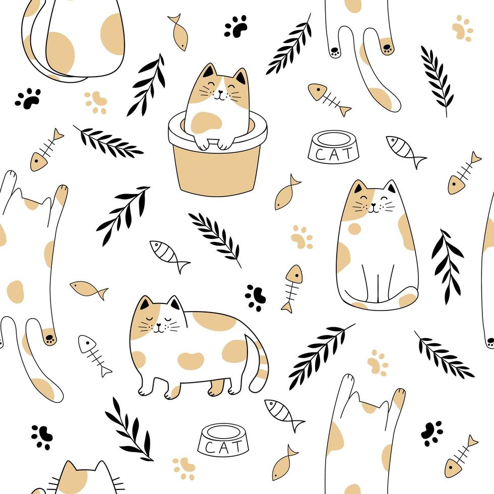 Seamless pattern of simply drawing kitty in various acting isolated on white background. vector
