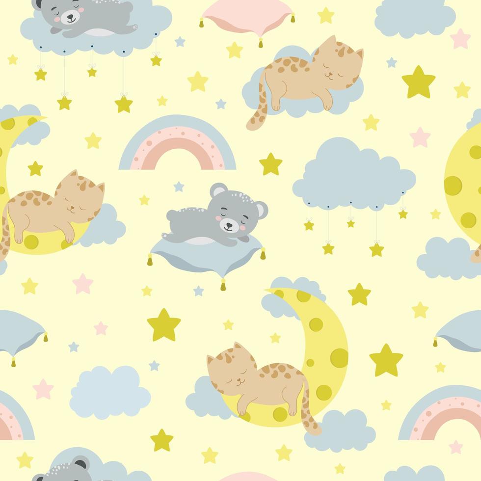 Seamless children pattern with cat, bear, clouds, moon and stars. Creative kids texture for fabric, wrapping, textile, wallpaper, apparel vector