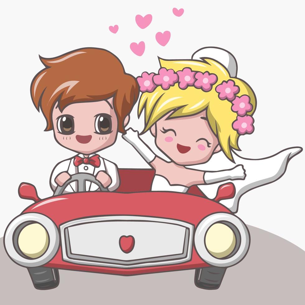 Cute happy wedding couples riding red car vector