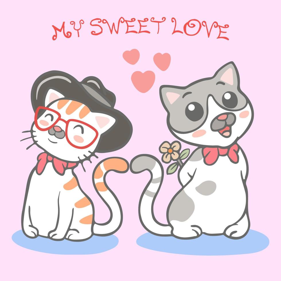 Enamored couple of kitten and flowers vector