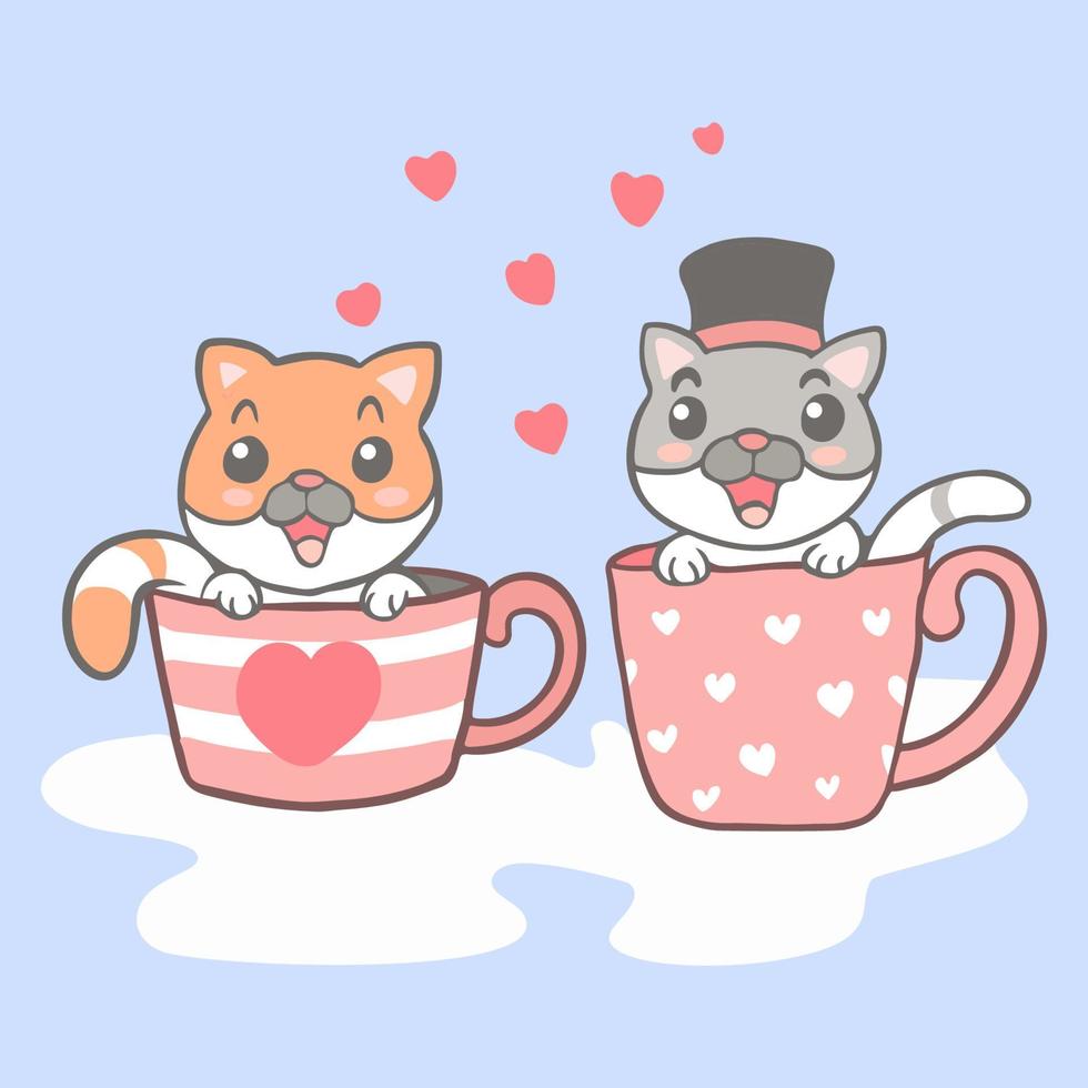 Cartoon two of cute cat sitting in the cup vector