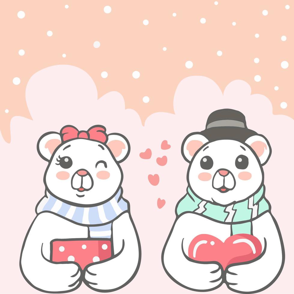 linda pareja de osos polares sosteniendo un corazón y una caja de regalo vector